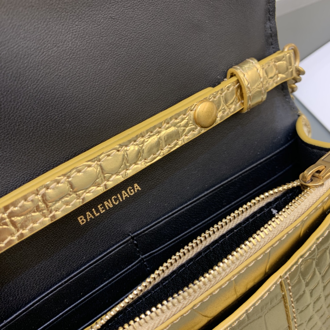 Balenciaga Small Hourglass Wallet With Chain Crocodile Embossed Shoulder Bag Gold